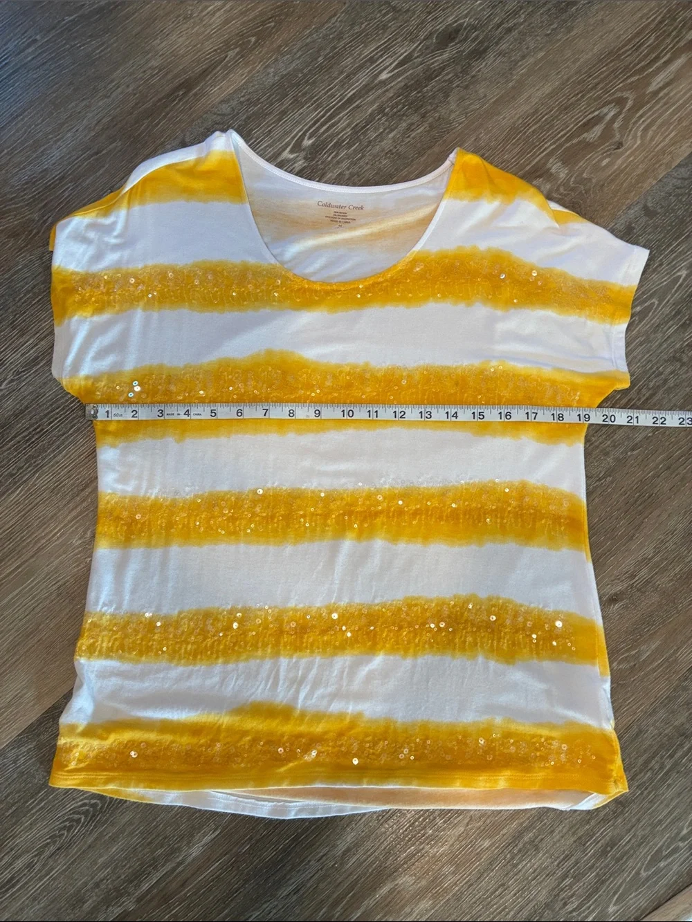 Coldwater Creek White and Yellow Striped Sequin Short Sleeve Tee